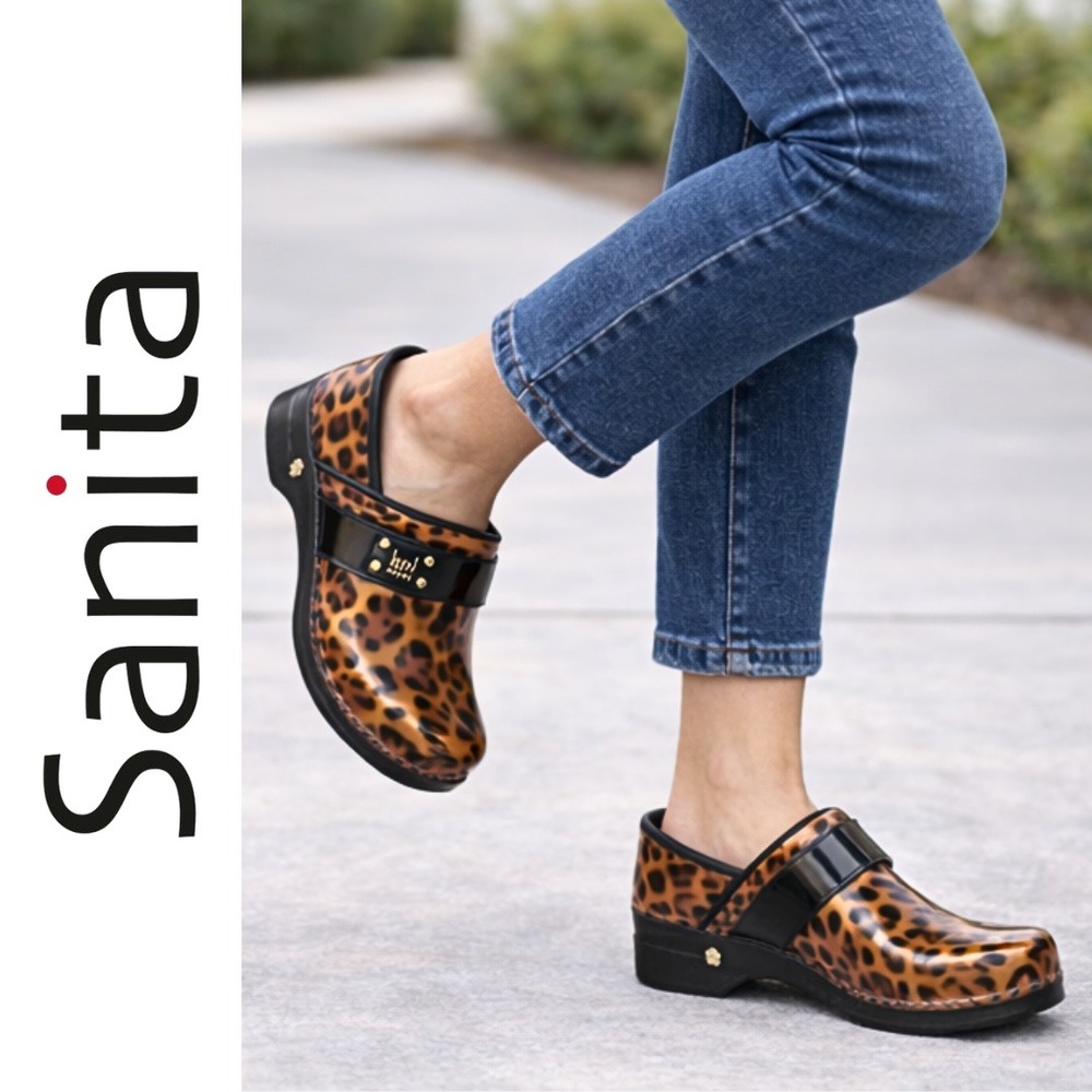 Koi‎ by Sanita, Leopard Patent Leather Professional Clogs Brown Black Size 38